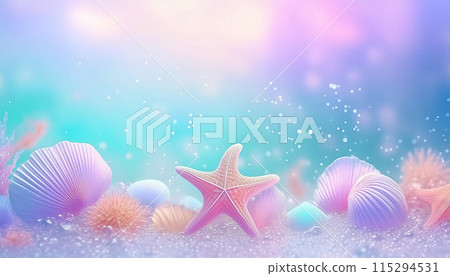 Seascape with shells, starfish, and other sea creatures in glittering pastel colors 115294531