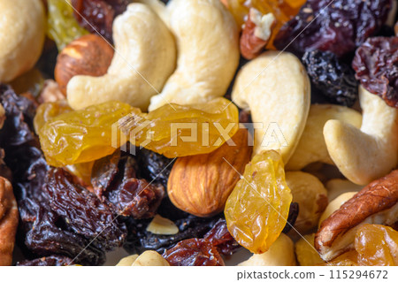 background with a cashew, hazelnuts, raisins and peanuts. Mixed nuts and raisins texture.10 115294672