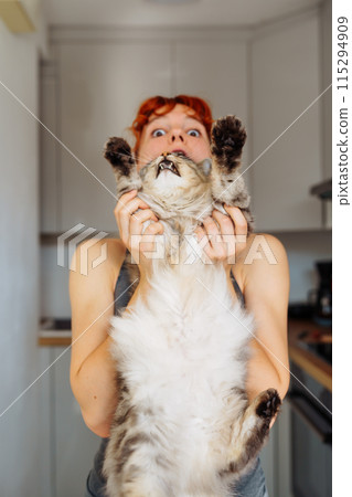 portrait red-haired teenage girl with gray fluffy cat 115294909