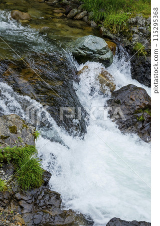 下雨天清澈的溪流流過岩石區的風景 115295368