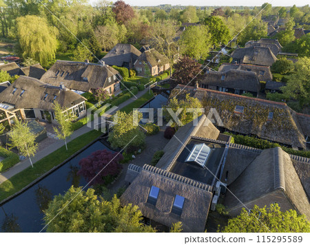Giethoorn Drone View. Netherlands Village Aerial Footage. The most beautiful Dutch Village. The Venice of Netherlands. 115295589