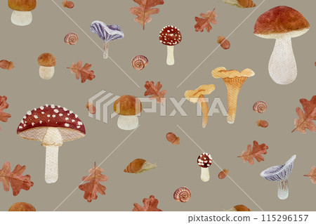 Forest mushroom and leafs watercolor seamless pattern isolated on white. Hand drawn high quality art. Wild forest plants in simple flat style for woodland kids designs, wallpaper and food packages Forest mushroom and leafs watercolor seamless pattern isolated on white. Hand drawn high quality art. Wild forest plants in simple flat style for woodland kids designs, wallpaper and food packages 115296157