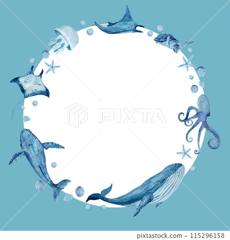 Watercolor high quality hand-drawn blue monochromatic sea creatures round frame on white. Blue whale, manta rays, starfish. Great for textile, cards, eco materials, voyage tickets, ads decor, design Watercolor high quality hand-drawn blue monochromatic sea creatures round frame on white. Blue whale, manta rays, starfish. Great for textile, cards, eco materials, voyage tickets, ads decor, design 115296158