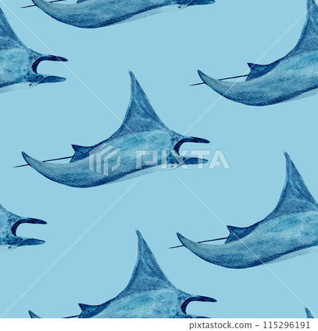 Manta ray watercolor seamless pattern on light blue background. High quality hand-drawn monochromatic illustration for notebooks, posters, wallpaper, textile, beach towel, wrapping paper, room decor Manta ray watercolor seamless pattern on light blue background. High quality hand-drawn monochromatic illustration for notebooks, posters, wallpaper, textile, beach towel, wrapping paper, room decor 115296191