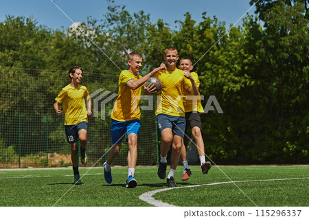 Joyful Victory Celebration. Group of young boys in bright yellow jerseys celebrating successful game on soccer field, sharing moment of triumph Joyful Victory Celebration. Group of young boys in bright yellow jerseys celebrating successful game on soccer field, sharing moment of triumph 115296337