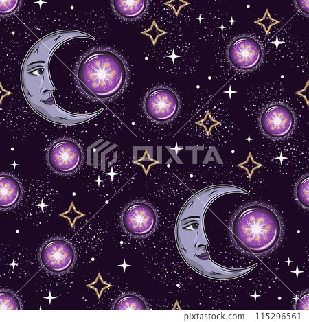 Seamless celestial pattern with crescent moon with face, magic fortune ball, shimmering stars on night sky. Mysterious magic concept. Colorful astrological illustration in vintage style. Seamless celestial pattern with crescent moon with face, magic fortune ball, shimmering stars on night sky. Mysterious magic concept. Colorful astrological illustration in vintage style. 115296561