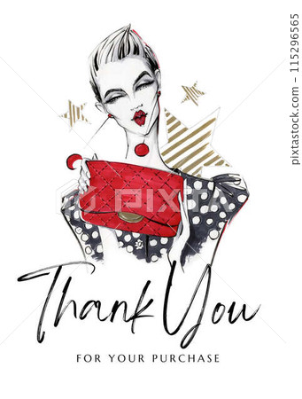 Thank you card with watercolor woman. Fashion illustration Thank you card with watercolor woman. Fashion illustration 115296565