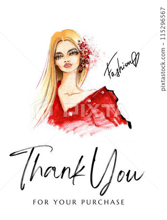 Thank you card with watercolor woman. Fashion illustration 115296567