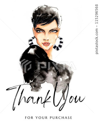 Thank you card with watercolor woman. Fashion illustration 115296568