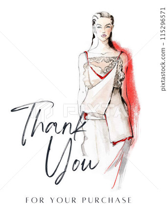Thank you card with watercolor woman. Fashion illustration Thank you card with watercolor woman. Fashion illustration 115296571