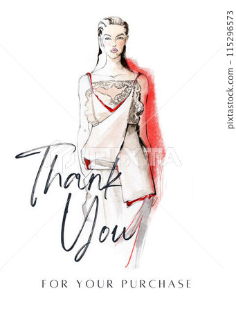 Thank you card with watercolor woman. Fashion illustration Thank you card with watercolor woman. Fashion illustration 115296573