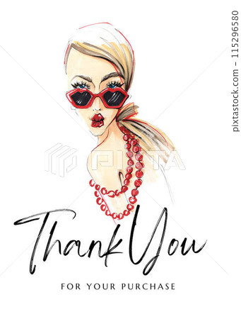 Thank you card with watercolor woman. Fashion illustration 115296580