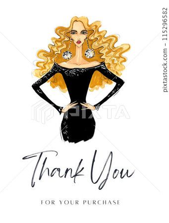 Thank you card with watercolor woman. Fashion illustration Thank you card with watercolor woman. Fashion illustration 115296582