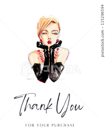Thank you card with watercolor woman. Fashion illustration Thank you card with watercolor woman. Fashion illustration 115296594