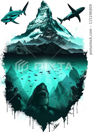 A minimalist, artistic illustration depicting a mountain peak rising above a serene underwater scene. Two sharks, one above and one below the surface, add a touch of mystery to the artwork. 115296809
