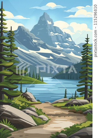 A picturesque mountain landscape with a clear blue lake, a winding trail, and tall, snow-capped peaks in the distance. 115296810