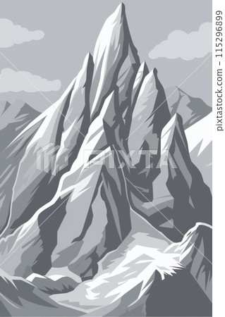 A minimalist depiction of a tall, jagged mountain peak reaching towards a cloudy sky. 115296899