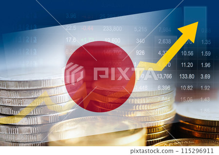 Japan flag with stock market finance, economy trend graph digital technology. Japan flag with stock market finance, economy trend graph digital technology. 115296911