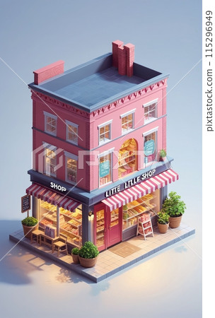 Illustrative representation of an isometric view of a freestanding building containing commercial and retail space in an urban environment - ai generated 115296949