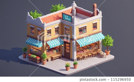 Illustrative representation of an isometric view of a freestanding building containing commercial and retail space in an urban environment - ai generated Illustrative representation of an isometric view of a freestanding building containing commercial and retail space in an urban environment - ai generated 115296950