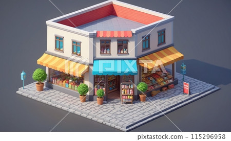 Illustrative representation of an isometric view of a freestanding building containing commercial and retail space in an urban environment - ai generated 115296958