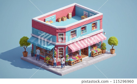 Illustrative representation of an isometric view of a freestanding building containing commercial and retail space in an urban environment - ai generated 115296960