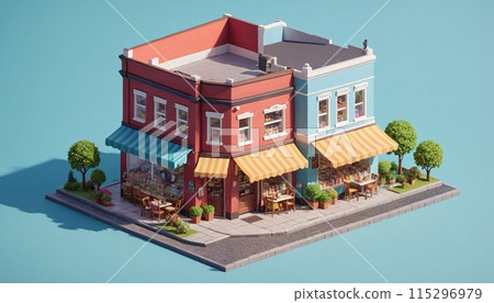 Illustrative representation of an isometric view of a freestanding building containing commercial and retail space in an urban environment - ai generated 115296979