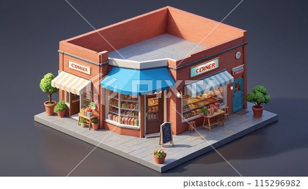 Illustrative representation of an isometric view of a freestanding building containing commercial and retail space in an urban environment - ai generated 115296982