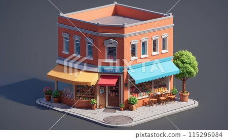 Illustrative representation of an isometric view of a freestanding building containing commercial and retail space in an urban environment - ai generated 115296984