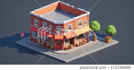 Illustrative representation of an isometric view of a freestanding building containing commercial and retail space in an urban environment - ai generated 115296996