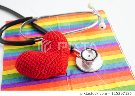 LGBT symbol, Stethoscope with red heart on rainbow flag, rights and gender equality, LGBT Pride Month in June. LGBT symbol, Stethoscope with red heart on rainbow flag, rights and gender equality, LGBT Pride Month in June. 115297125