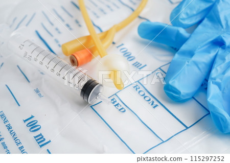 Foley catheter and urine drainage bag collect urine for disability or patient in hospital. 115297252