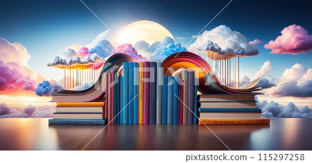 Standing and open books and literature that promote creativity, inspiration and fantasy in front of a creative and colorful conceptual landscape 115297258