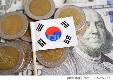 Korea flag on coin and banknote money, finance trading investment business currency concept. Korea flag on coin and banknote money, finance trading investment business currency concept. 115297266