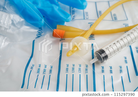 Foley catheter and urine drainage bag collect urine for disability or patient in hospital. 115297390