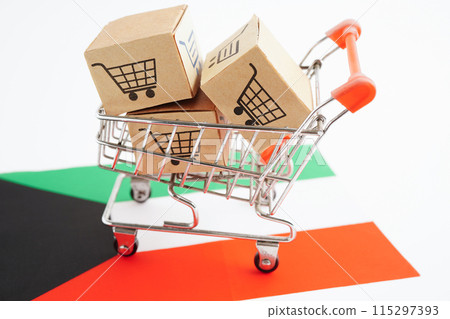 Online shopping, Shopping cart box on Kuwait flag, import export, finance commerce. Online shopping, Shopping cart box on Kuwait flag, import export, finance commerce. 115297393