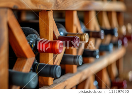 Wine bottles stacked on wooden rack in cellar 115297690