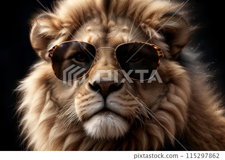 portrait of a menacing tiger wearing sunglasses, isolated on a black background 115297862