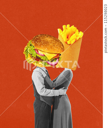 Monochrome couple embracing with heads replaced by large burger and French fries against red background. Contemporary art collage. 115298023