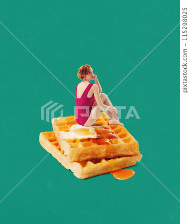 Vintage-style woman in red swimsuit sitting on stack of two waffles topped with butter and syrup against green background. Contemporary art collage. 115298025