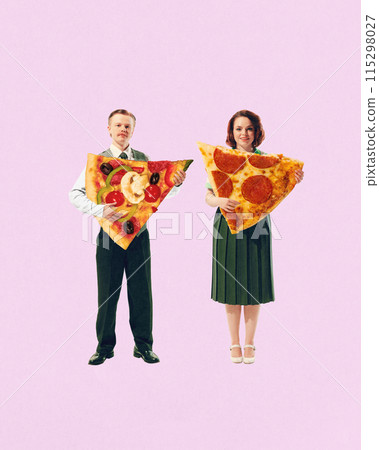 Man and woman in vintage style clothing standing with pizza slices against light pink background. Contemporary art collage. 115298027