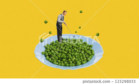 Man in vintage clothes playing golf on plate of peas against yellow background. Contemporary art collage. 115298033