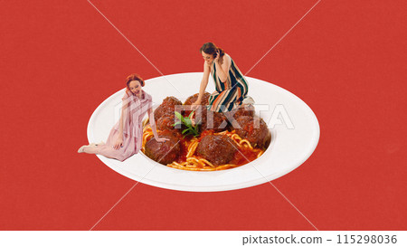 Two beautiful women inside giant plate with spaghetti and meatballs against red background, Dinner. Contemporary art collage. Two beautiful women inside giant plate with spaghetti and meatballs against red background, Dinner. Contemporary art collage. 115298036