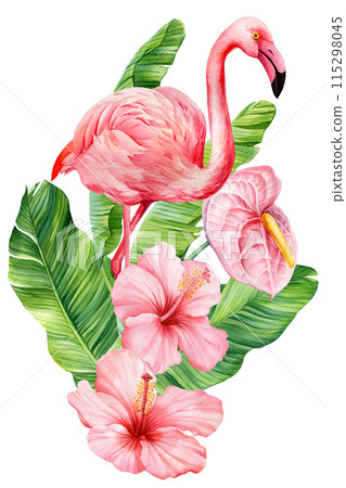 Cute Flamingo watercolor bird illustration, pink flamingo and tropical flowers, palm leaves isolated on white background Cute Flamingo watercolor bird illustration, pink flamingo and tropical flowers, palm leaves isolated on white background 115298045