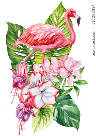 Summer Flamingo watercolor bird illustration, pink flamingo and tropical flowers, palm leaves isolated white background 115298054