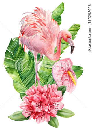 Flamingo, plants watercolor bird illustration. Pink flamingo, tropical flowers, palm leaves isolated background, poster 115298058