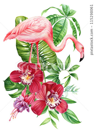 Realistic Flamingo watercolor bird illustration, pink flamingo and tropical flower, palm leaf isolated white background 115298061