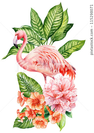 Cute Flamingo watercolor bird illustration, pink flamingo and tropical flowers, palm leaves isolated on white background 115298071