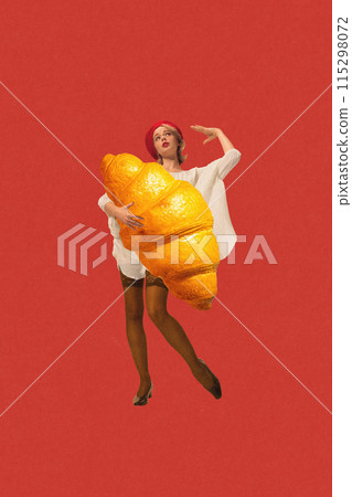 Elegant stylish young girl wearing red beret and holding giant croissant against red background. Contemporary art collage. 115298072