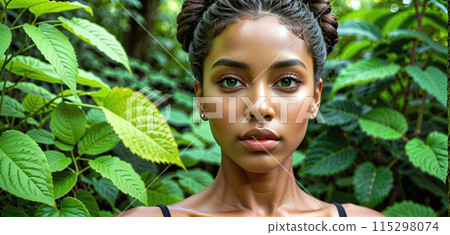 Beautiful young woman surrounded with green leaves while looking at camera. Portrait of beauty woman with makeup standing into nature Beautiful young woman surrounded with green leaves while looking at camera. Portrait of beauty woman with makeup standing into nature 115298074